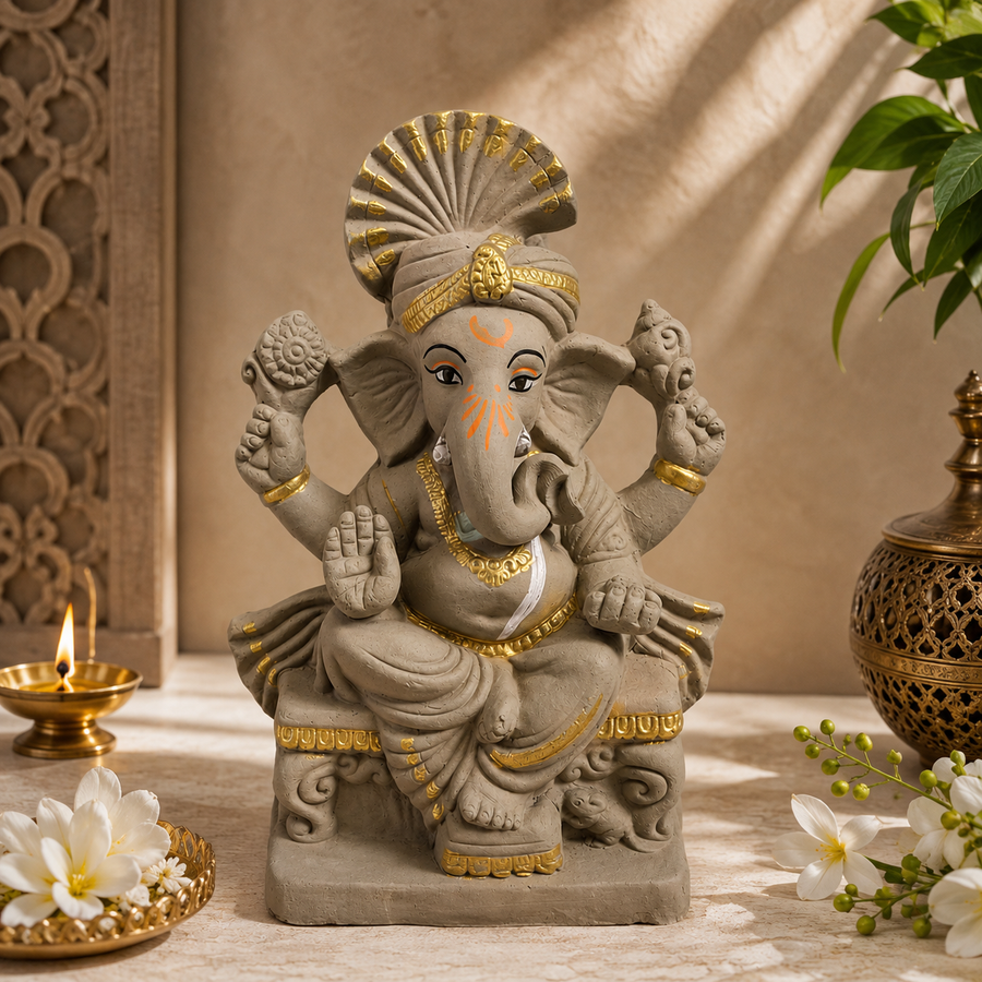 Eco-Friendly Lord Ganesha Idol with Traditional Turban 10 inch – Decorative Ganpati Statue with Gold Accents