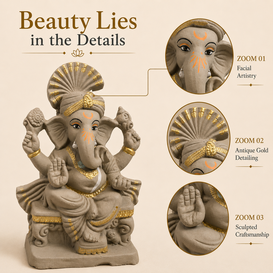 Eco-Friendly Lord Ganesha Idol with Traditional Turban 10 inch – Decorative Ganpati Statue with Gold Accents