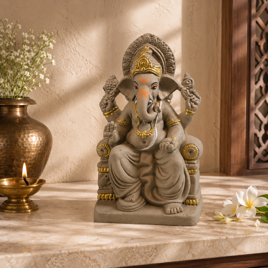 Eco-Friendly Lord Ganesha Idol with Ornate Crown & Royal Throne 10 inch– Traditional Ganpati Statue
