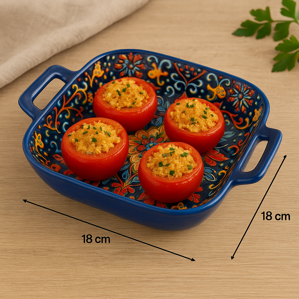 Hand-Painted Ceramic Serving Plate with Dual Handles – 18 x 18 x 5 cm | Mediterranean Floral Design | Multi-Purpose Bake & Serve Dish