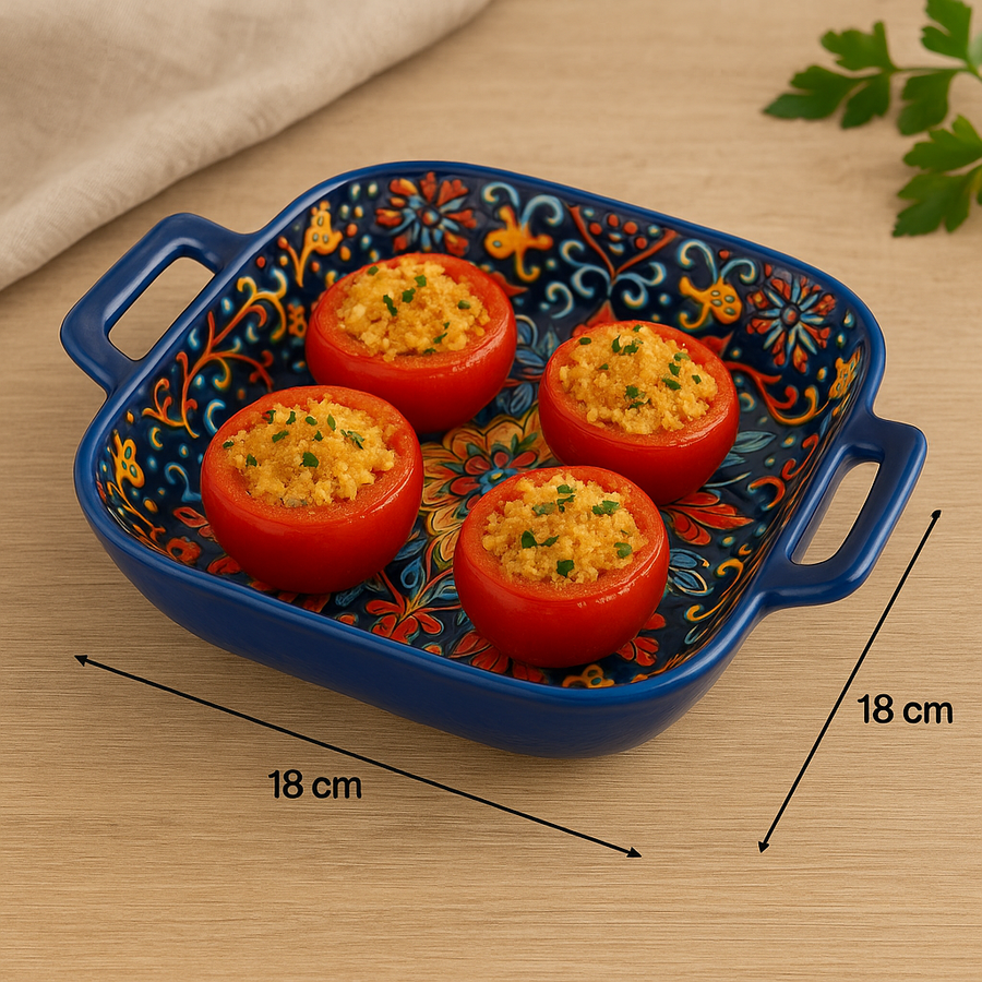 Hand-Painted Ceramic Serving Plate with Dual Handles – 18 x 18 x 5 cm | Mediterranean Floral Design | Multi-Purpose Bake & Serve Dish
