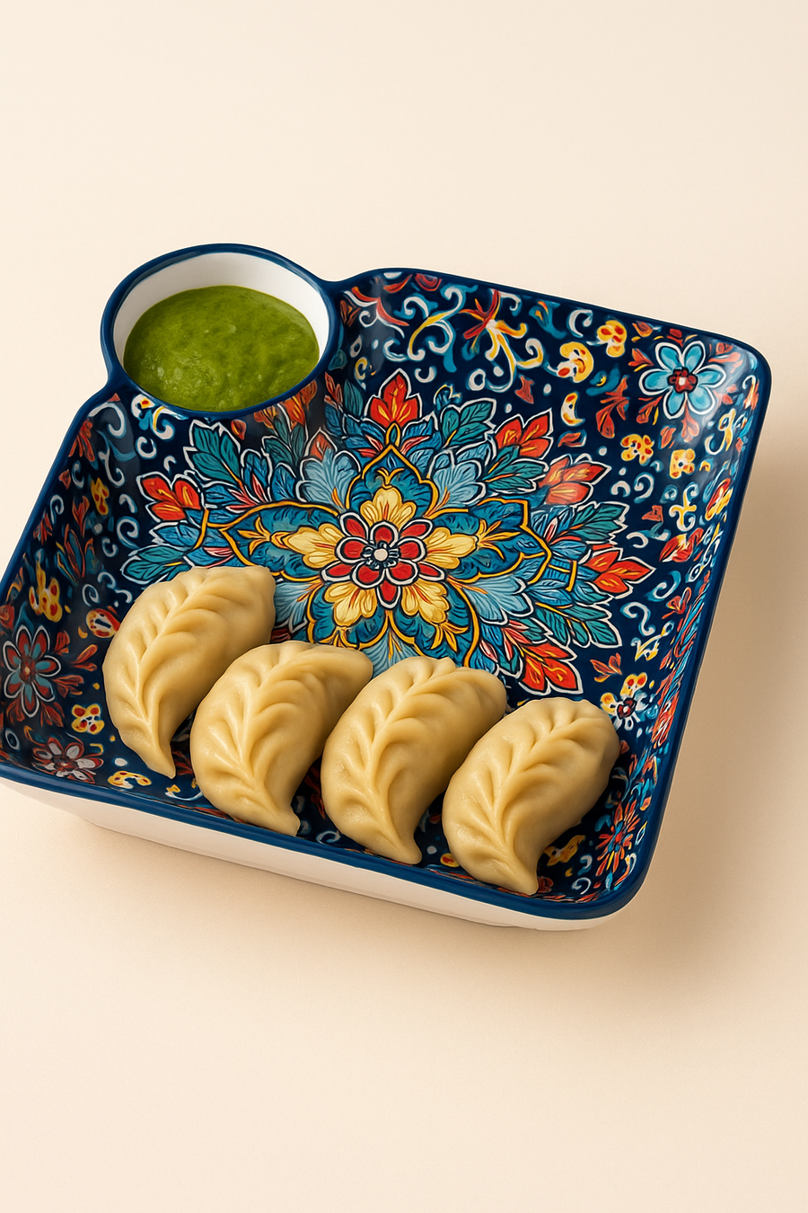 Premium Ceramic Snack Plate with Dip Bowl – 24 x 24 cm Square Serving Dish
