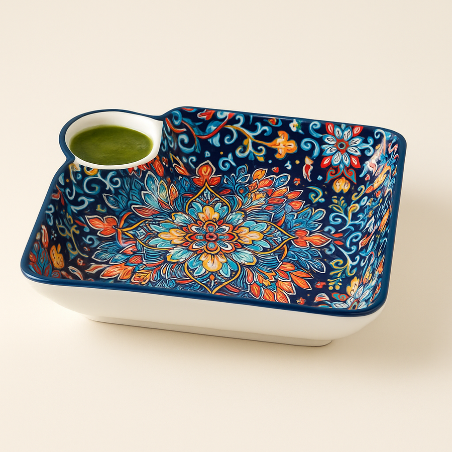 Premium Ceramic Snack Plate with Dip Bowl – 24 x 24 cm Square Serving Dish