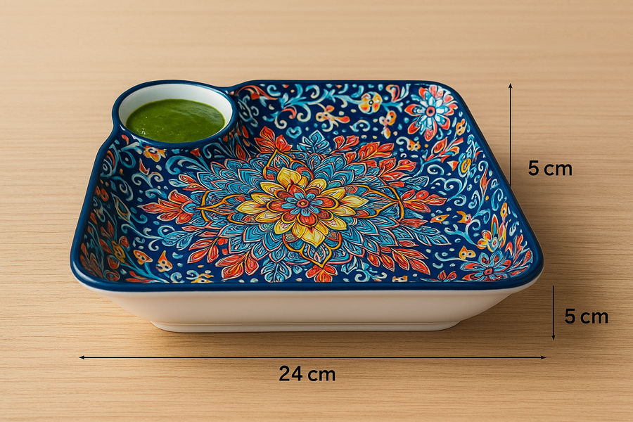 Premium Ceramic Snack Plate with Dip Bowl – 24 x 24 cm Square Serving Dish