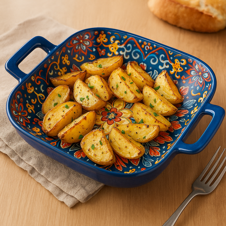 Hand-Painted Ceramic Serving Plate with Dual Handles – 18 x 18 x 5 cm | Mediterranean Floral Design | Multi-Purpose Bake & Serve Dish