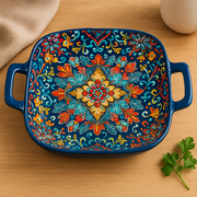 Hand-Painted Ceramic Serving Plate with Dual Handles – 18 x 18 x 5 cm | Mediterranean Floral Design | Multi-Purpose Bake & Serve Dish