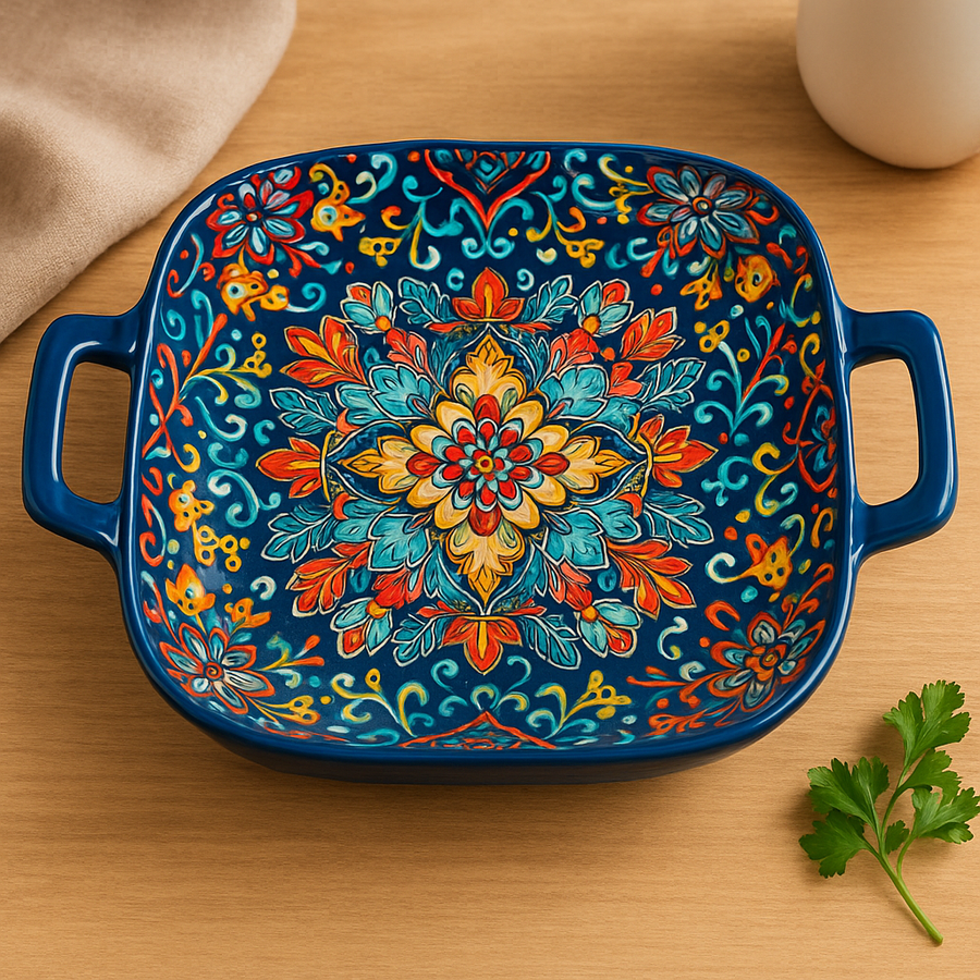 Hand-Painted Ceramic Serving Plate with Dual Handles – 18 x 18 x 5 cm | Mediterranean Floral Design | Multi-Purpose Bake & Serve Dish