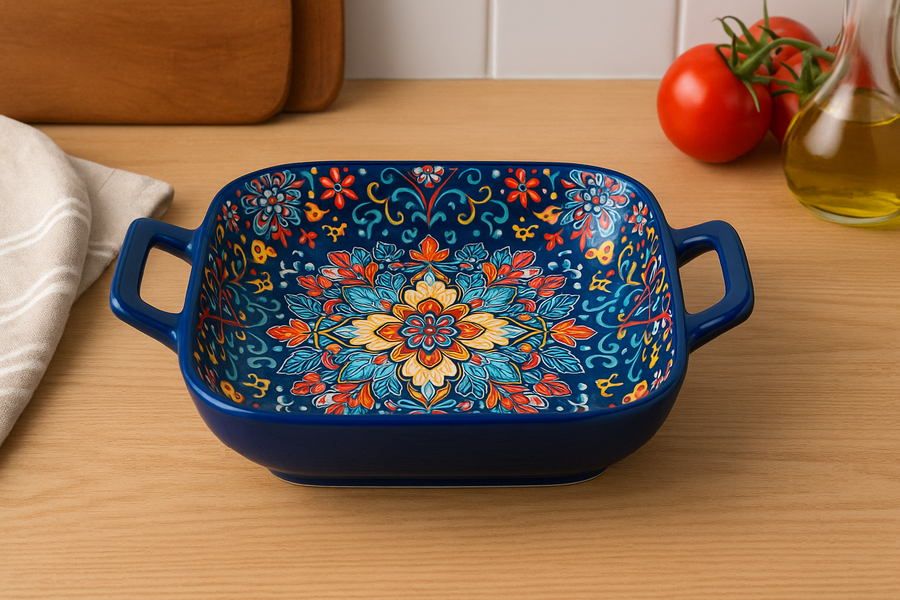 Hand-Painted Ceramic Serving Plate with Dual Handles – 18 x 18 x 5 cm | Mediterranean Floral Design | Multi-Purpose Bake & Serve Dish