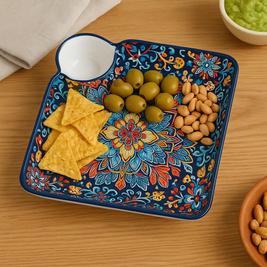 Premium Ceramic Snack Plate with Dip Bowl – 24 x 24 cm Square Serving Dish