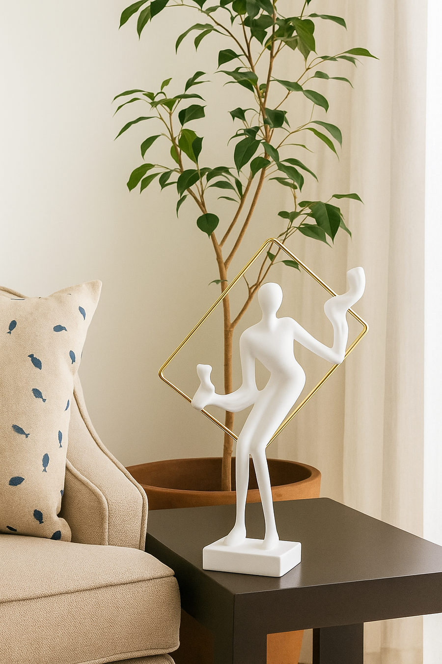 Elegant Black Abstract Metal Sculpture with Golden Geometric Frame – Modern Table Décor for Living Room, Office & Gifting – 12 inch Height