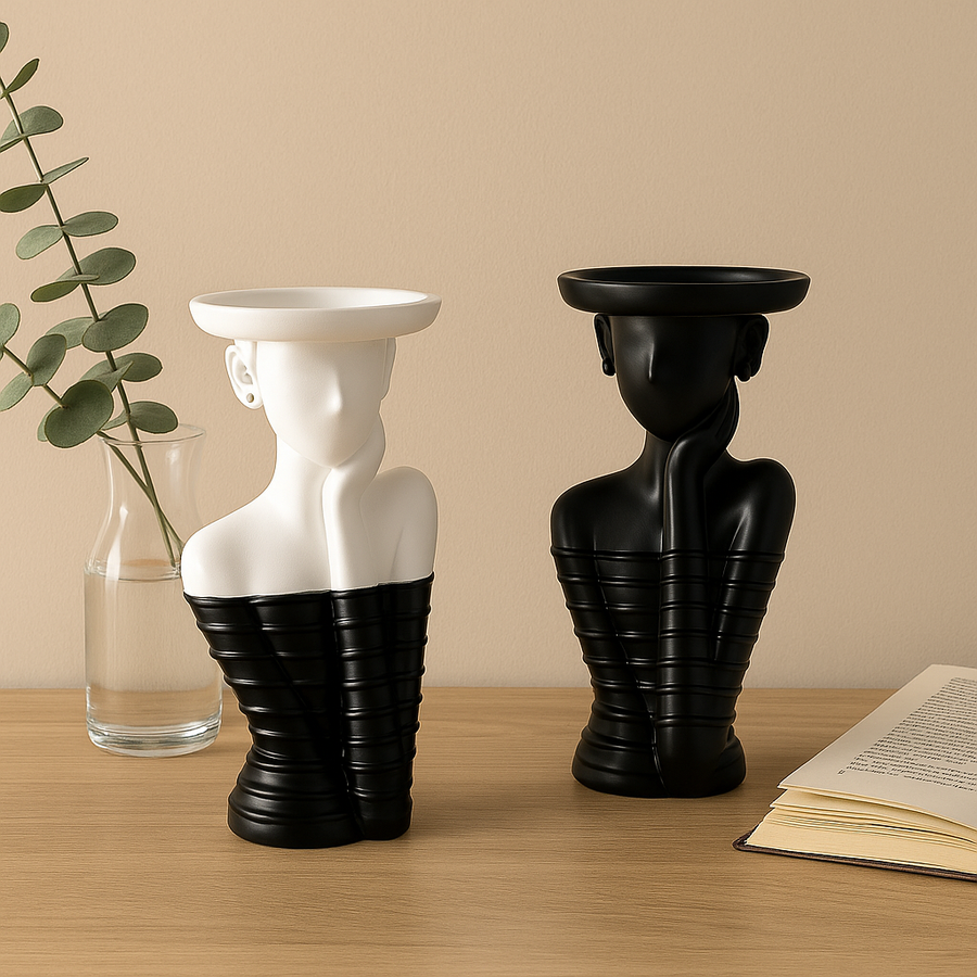 set of 2 Modern Abstract Bust Candle Holder Set – Black & White Sculptural Design,
