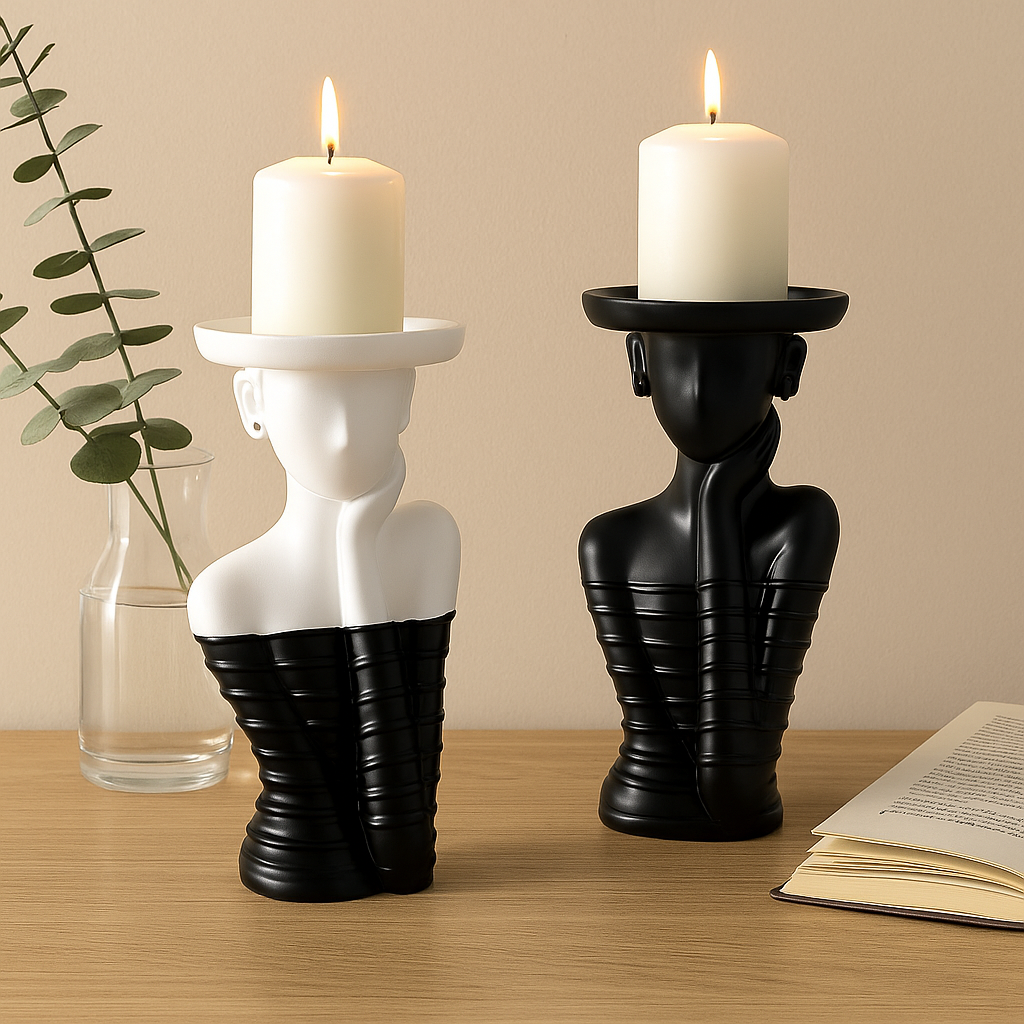 set of 2 Modern Abstract Bust Candle Holder Set – Black & White Sculptural Design,