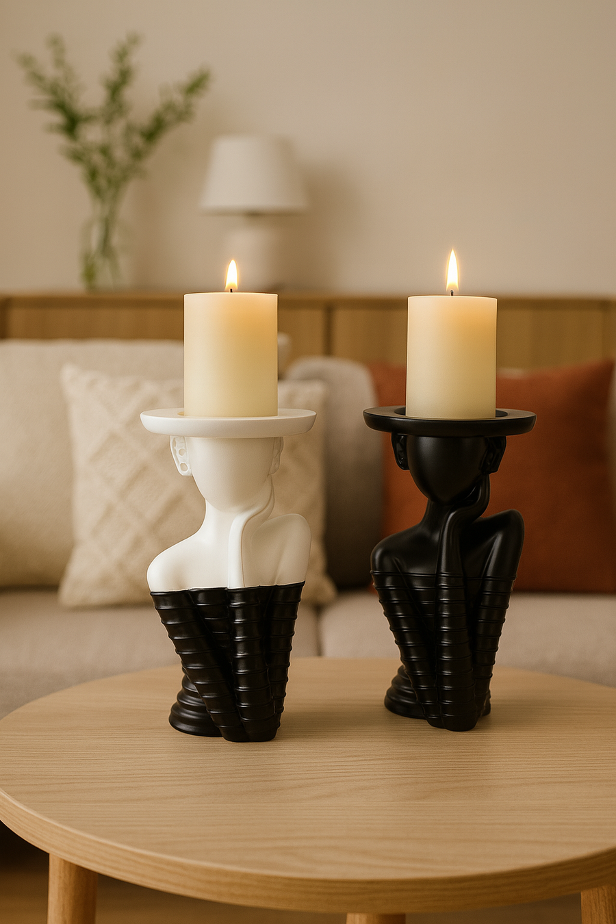 set of 2 Modern Abstract Bust Candle Holder Set – Black & White Sculptural Design,