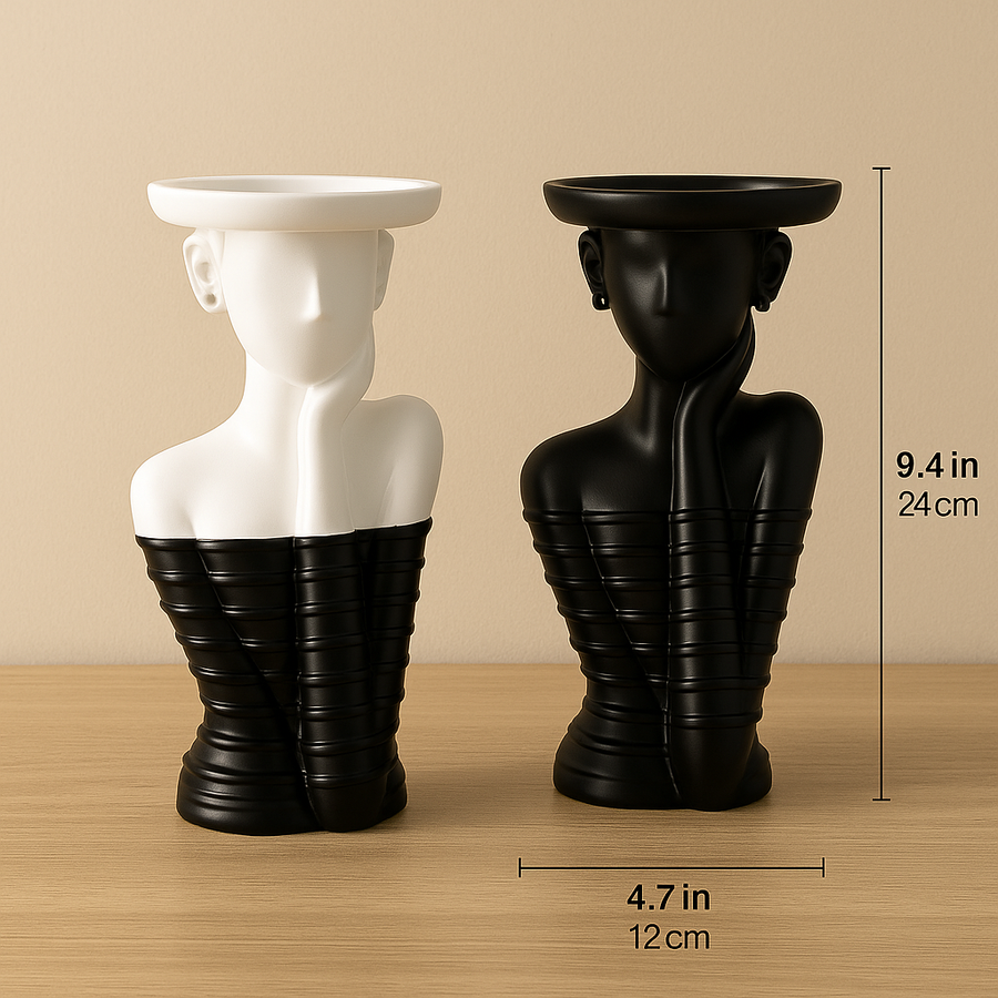 set of 2 Modern Abstract Bust Candle Holder Set – Black & White Sculptural Design,