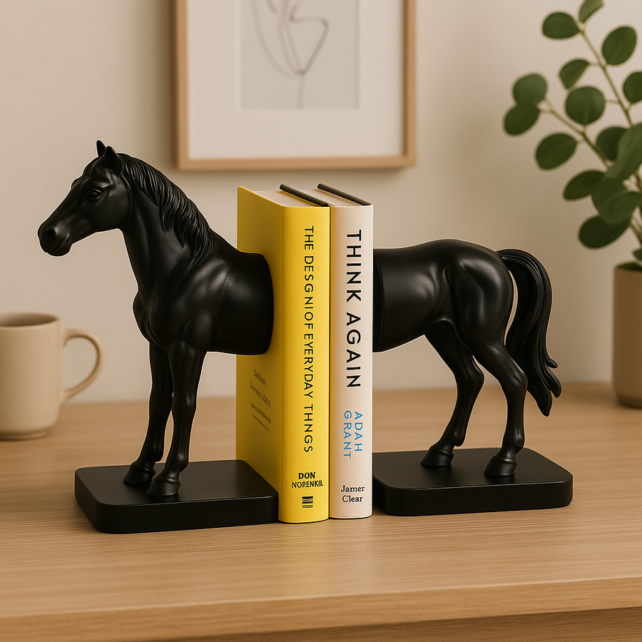 Premium Black Horse Bookends – Half Horse Design, Heavy-Duty Decorative Book Holder for Shelves, Desks & Tables – Modern Home & Office Décor