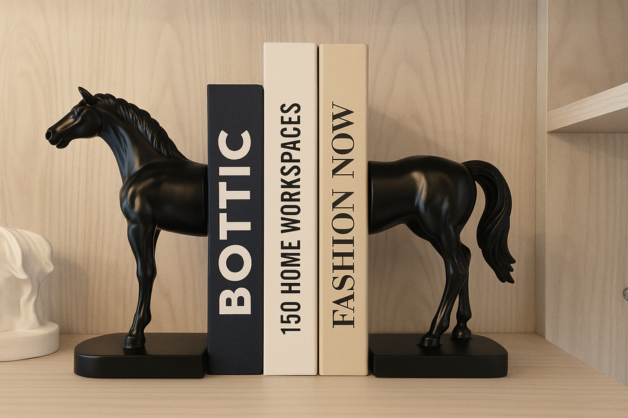 Premium Black Horse Bookends – Half Horse Design, Heavy-Duty Decorative Book Holder for Shelves, Desks & Tables – Modern Home & Office Décor
