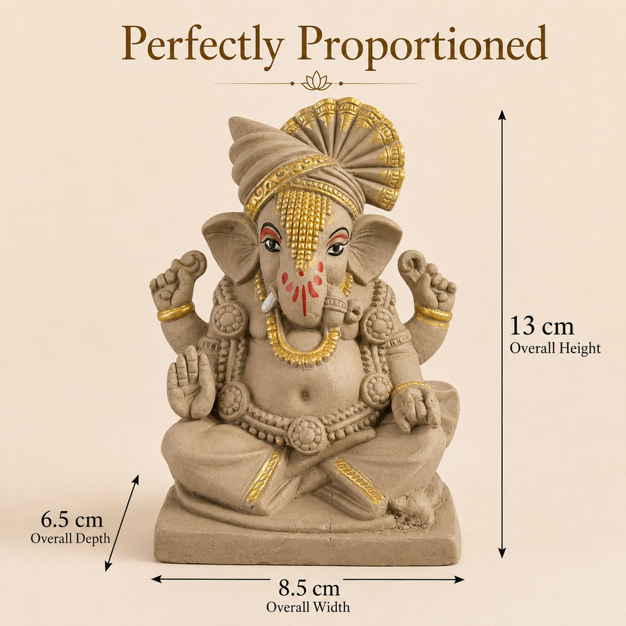 Eco-Friendly Lord Ganesha Idol with Royal Turban & Gold Accents 5 inch – Traditional Ganpati Decorative Statue