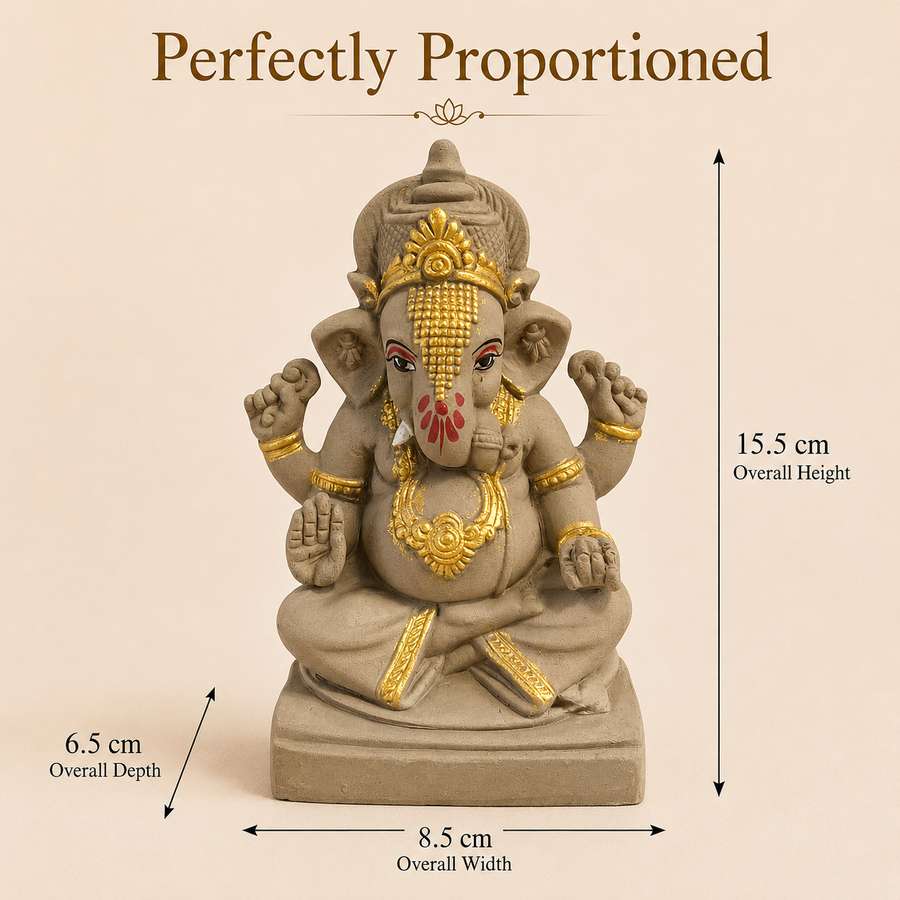 Eco-Friendly Lord Ganesha Idol with Ornate Crown & Gold Accents 6 inch– Traditional Ganpati Decorative Statue