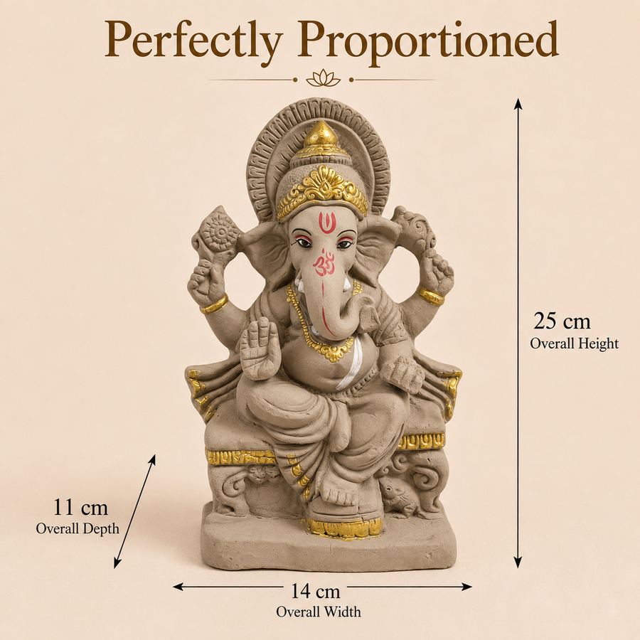 Eco-Friendly Lord Ganesha Idol on Royal Throne with Gold Accents 10 inch – Traditional Ganpati Statue