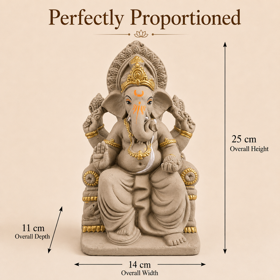 Eco-Friendly Lord Ganesha Idol with Ornate Crown & Royal Throne 10 inch– Traditional Ganpati Statue