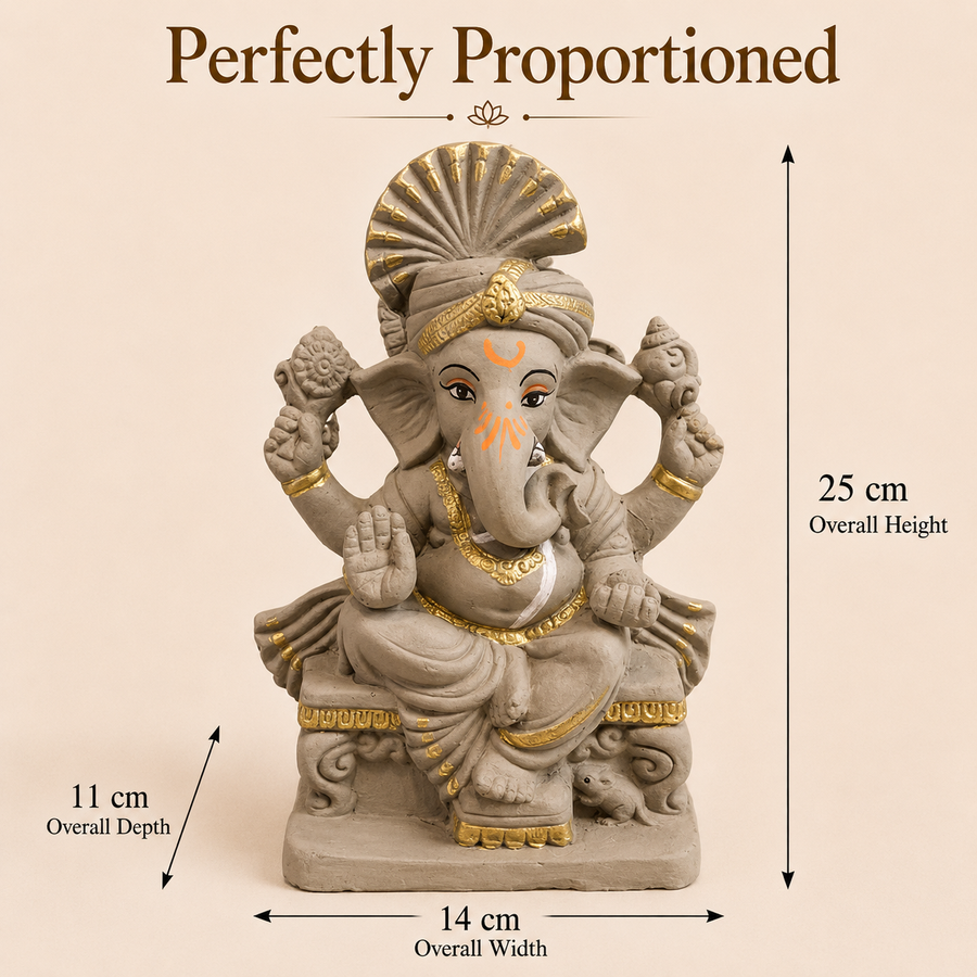 Eco-Friendly Lord Ganesha Idol with Traditional Turban 10 inch – Decorative Ganpati Statue with Gold Accents
