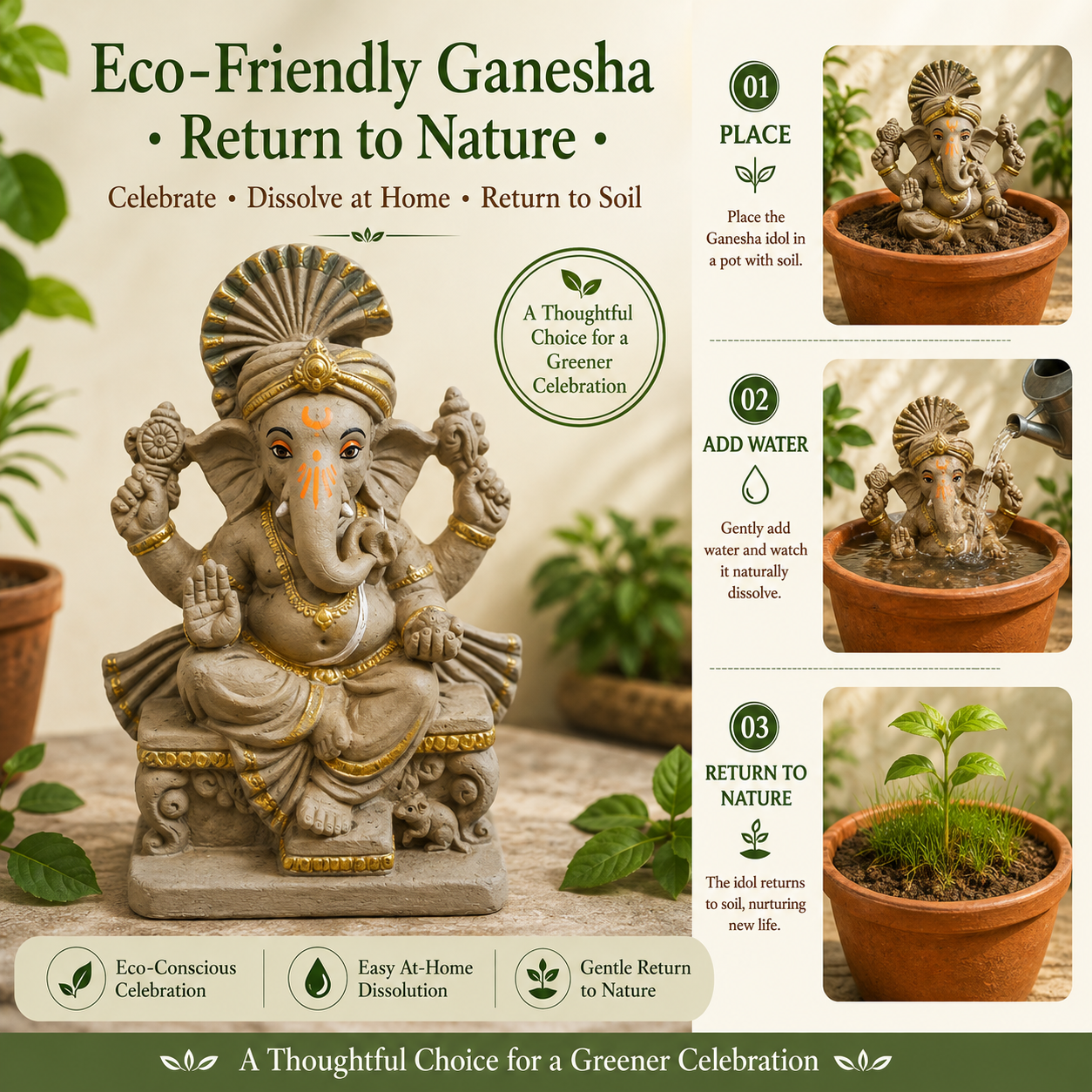 Eco-Friendly Lord Ganesha Idol with Traditional Turban 10 inch – Decorative Ganpati Statue with Gold Accents
