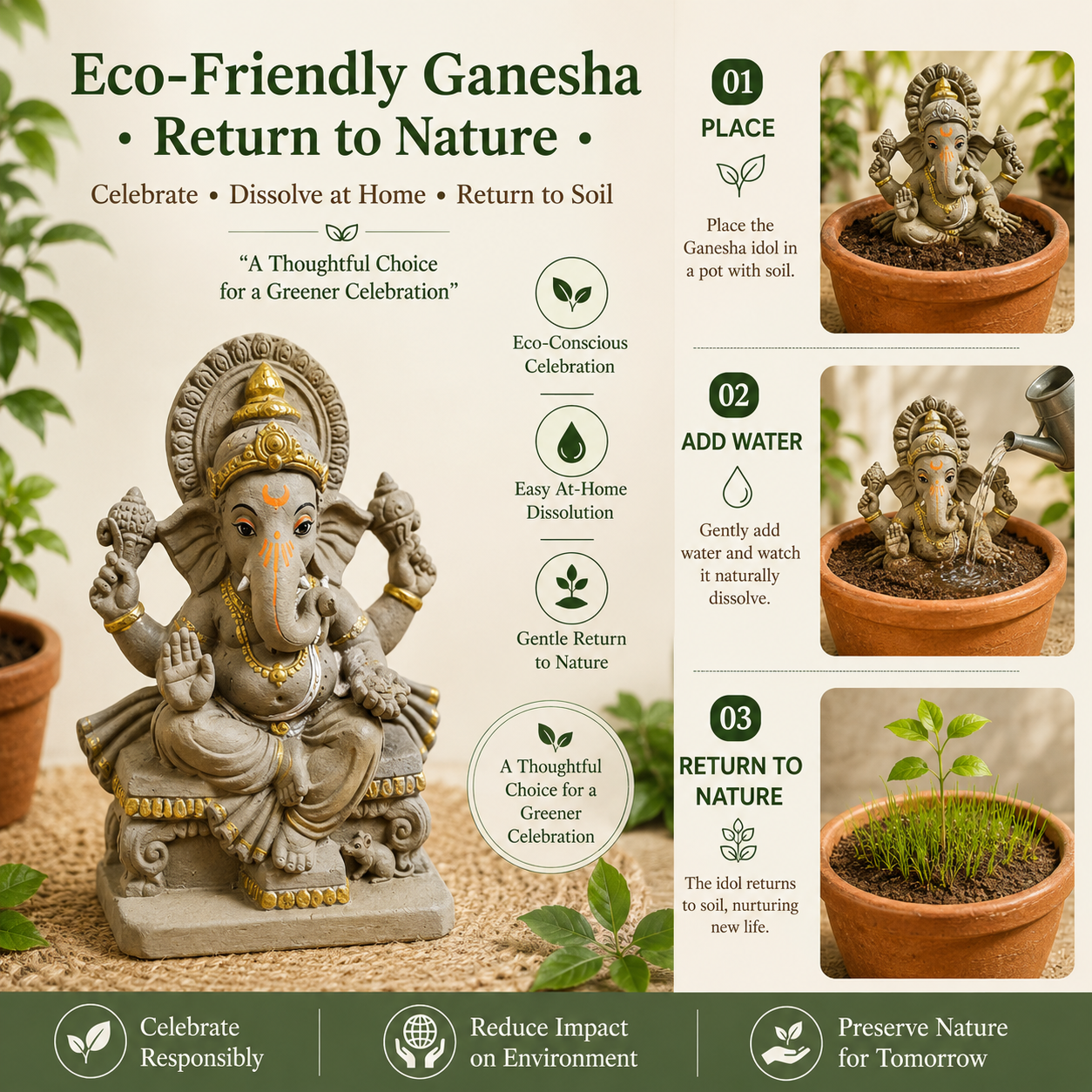 Eco-Friendly Lord Ganesha Idol with Ornate Crown & Royal Throne 10 inch– Traditional Ganpati Statue