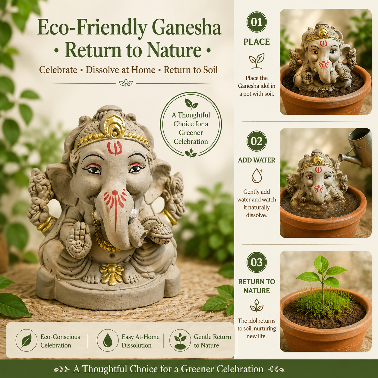 Eco-Friendly Lord Ganesha Idol with Modak 4 inch – Compact Traditional Ganpati Statue with Gold Accents