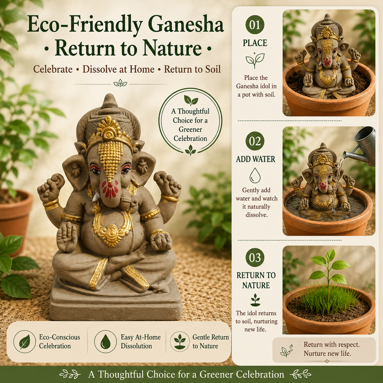 Eco-Friendly Lord Ganesha Idol with Ornate Crown & Gold Accents 6 inch– Traditional Ganpati Decorative Statue