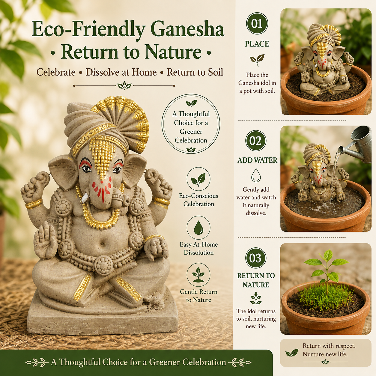 Eco-Friendly Lord Ganesha Idol with Royal Turban & Gold Accents 5 inch – Traditional Ganpati Decorative Statue