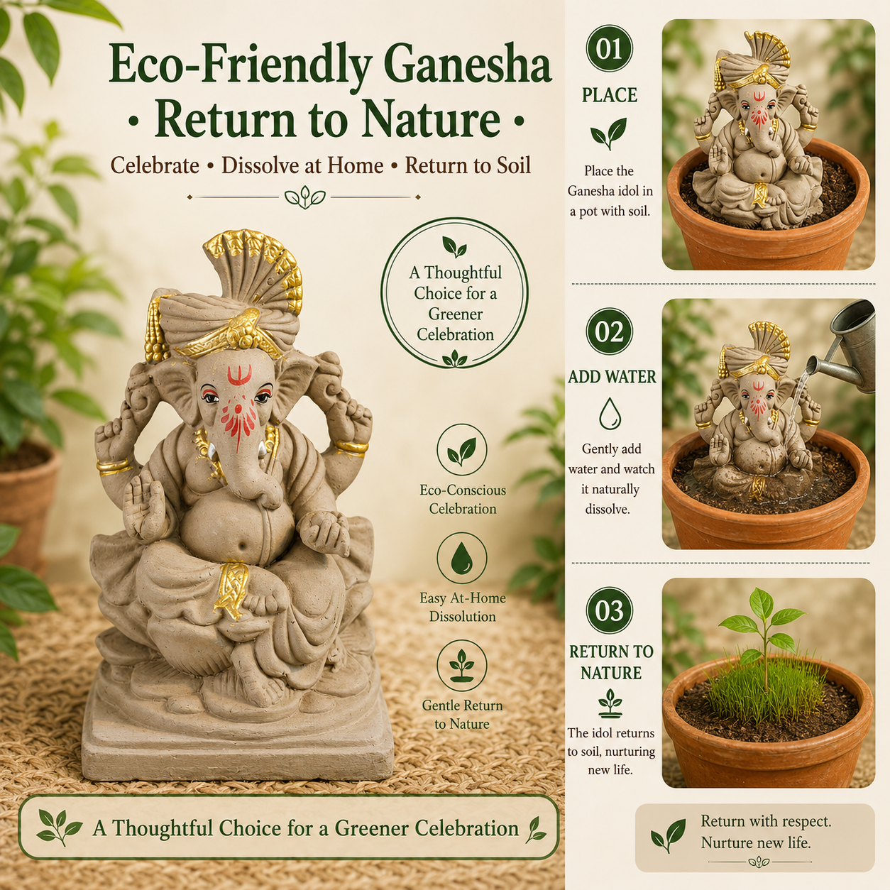 Eco-Friendly Lord Ganesha Idol with Traditional Turban & Gold Accents 7 inch – Handcrafted Decorative Ganpati Statue