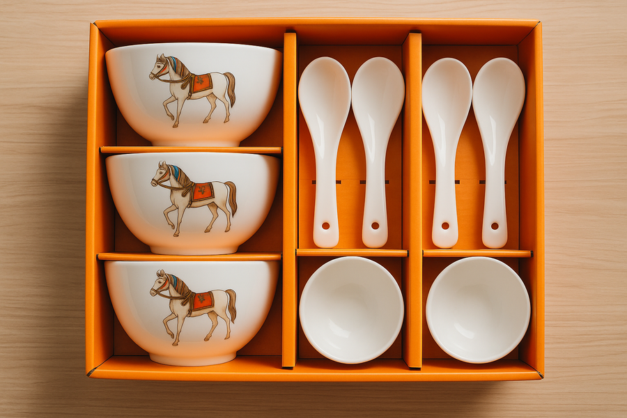 Coral Tree Ceramic Soup Bowl Set with Spoons | 4 Bowls & 4 Soup Spoons | Horse Print Design | Elegant Gift Box for Dining & Gifting