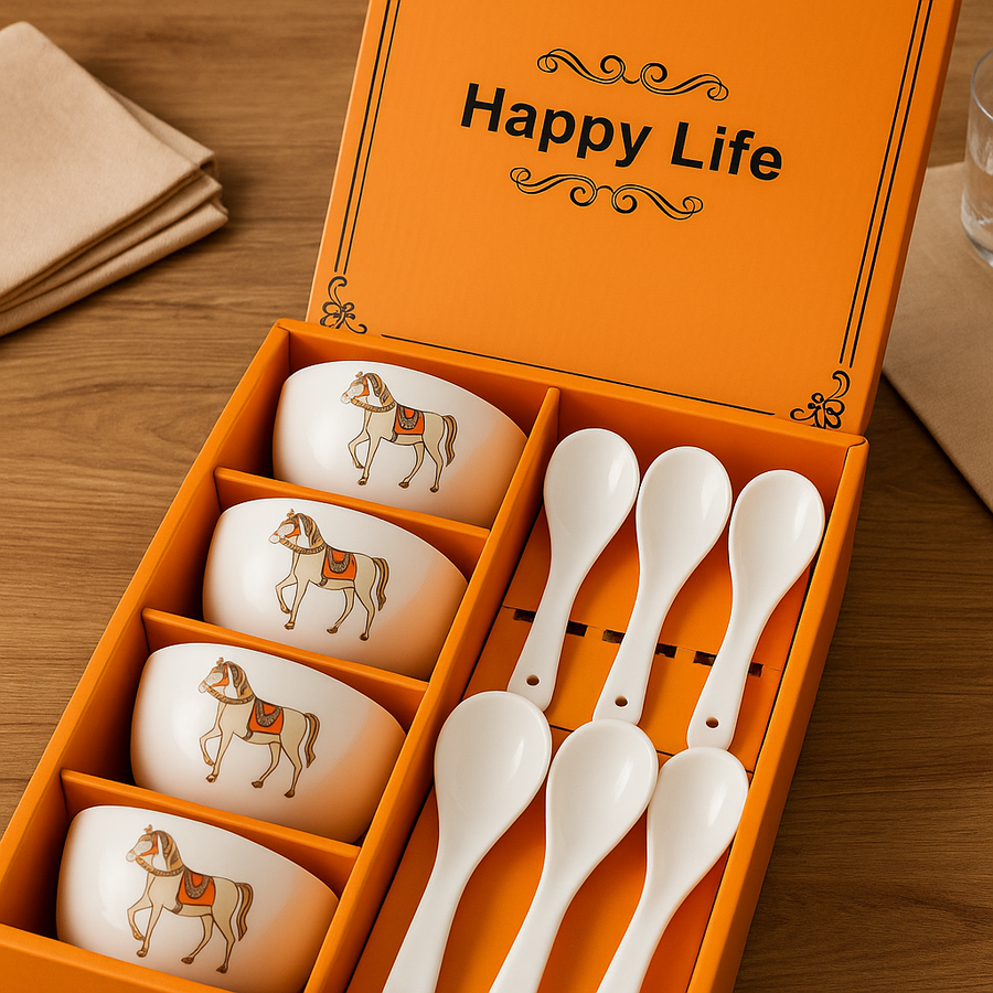 Coral Tree Ceramic Soup Bowl Set with Spoons | 4 Bowls & 4 Soup Spoons | Horse Print Design | Elegant Gift Box for Dining & Gifting