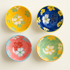 Luxury Ceramic Floral Bowl Set of 4 – Glossy White Exterior with Vibrant Hand-Painted Interior