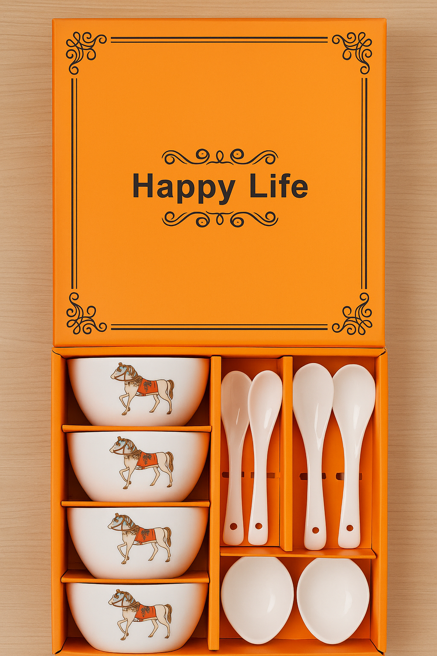 Coral Tree Ceramic Soup Bowl Set with Spoons | 4 Bowls & 4 Soup Spoons | Horse Print Design | Elegant Gift Box for Dining & Gifting