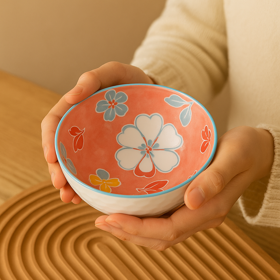 Luxury Ceramic Floral Bowl Set of 4 – Glossy White Exterior with Vibrant Hand-Painted Interior