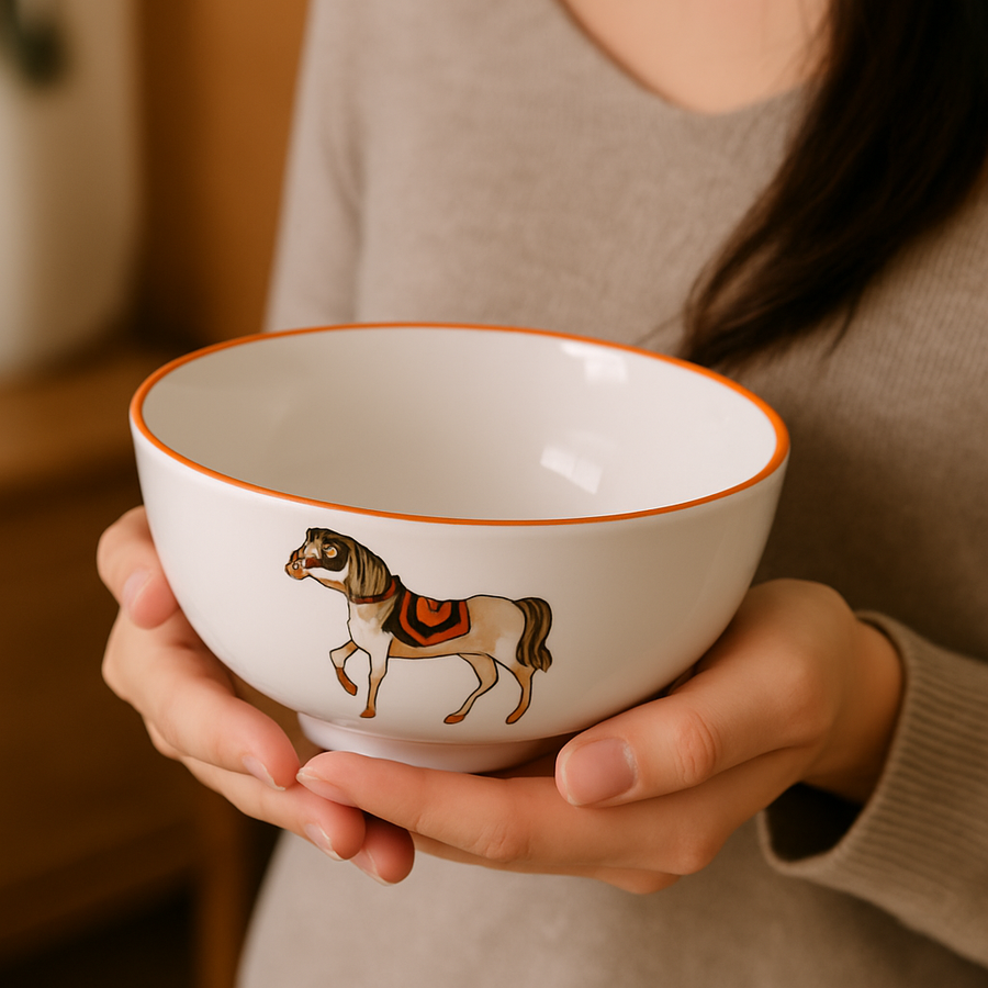 Coral Tree Ceramic Soup Bowl Set with Spoons | 4 Bowls & 4 Soup Spoons | Horse Print Design | Elegant Gift Box for Dining & Gifting