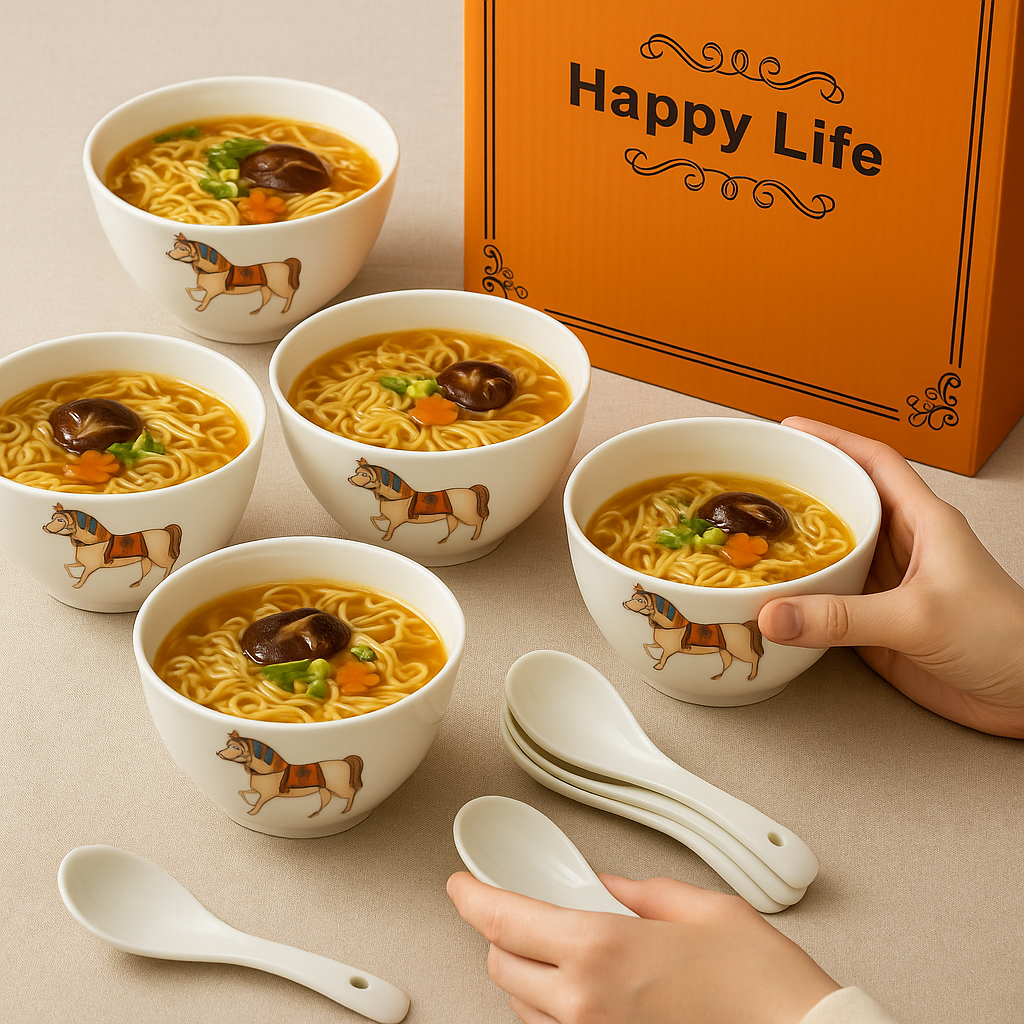 Coral Tree Ceramic Soup Bowl Set with Spoons | 4 Bowls & 4 Soup Spoons | Horse Print Design | Elegant Gift Box for Dining & Gifting