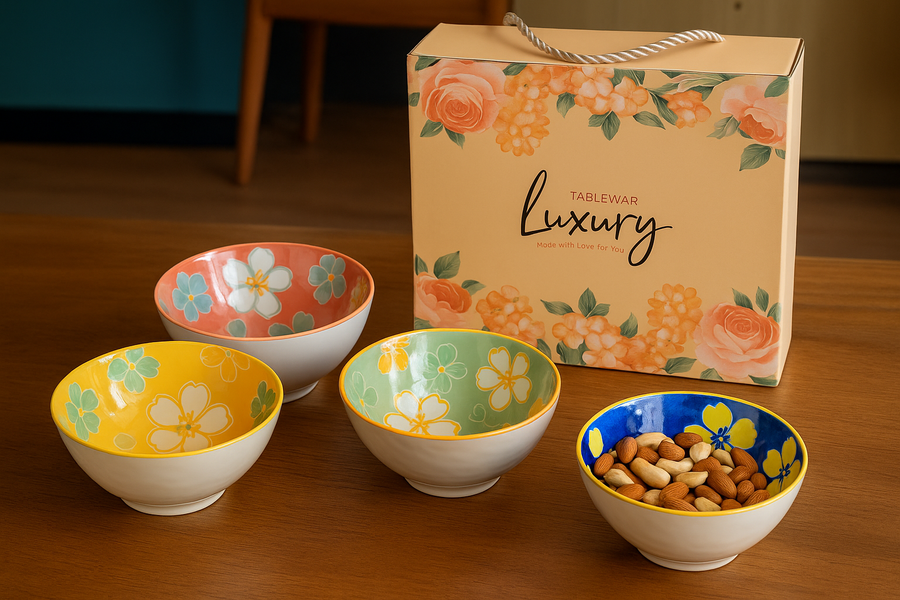 Luxury Ceramic Floral Bowl Set of 4 – Glossy White Exterior with Vibrant Hand-Painted Interior