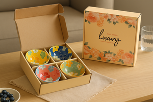 Luxury Ceramic Floral Bowl Set of 4 – Glossy White Exterior with Vibrant Hand-Painted Interior