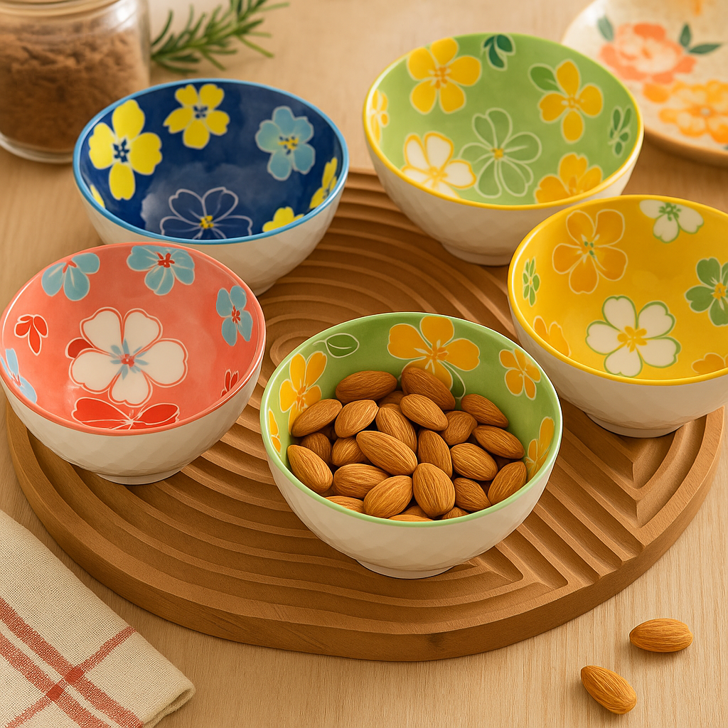 Coral Tree Set of 6 Ceramic Bowls | Hand-Painted Floral Design