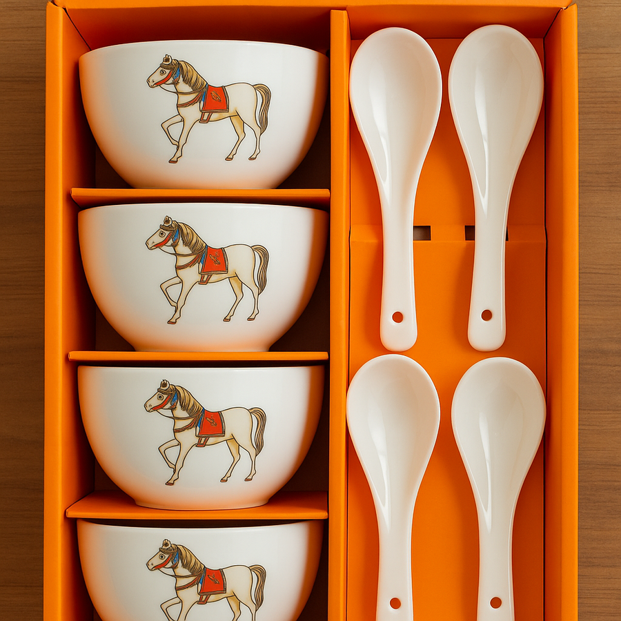 Coral Tree Ceramic Soup Bowl Set with Spoons | 4 Bowls & 4 Soup Spoons | Horse Print Design | Elegant Gift Box for Dining & Gifting