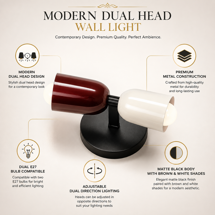 Modern Dual Head Wall Light | Metal Wall Sconce | Dual E27 Bulb Holder | Brown & White Finish | Indoor Decorative Wall Lamp
