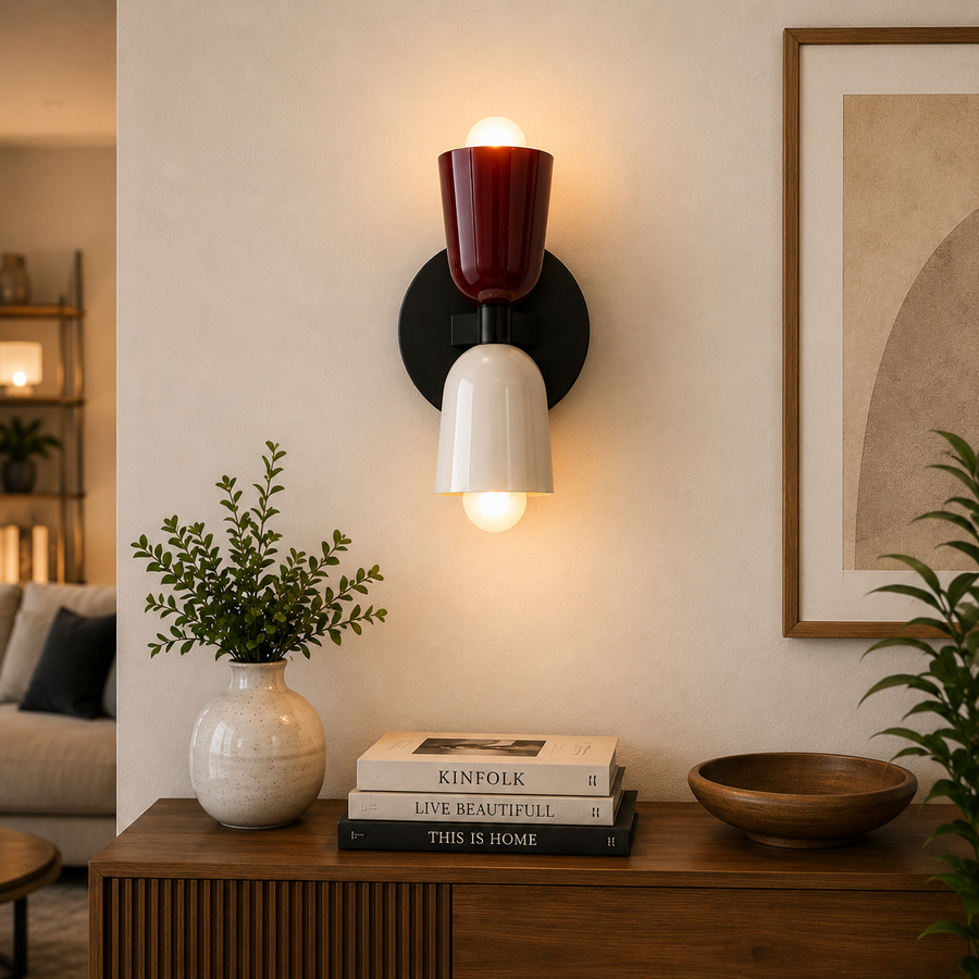 Modern Dual Head Wall Light | Metal Wall Sconce | Dual E27 Bulb Holder | Brown & White Finish | Indoor Decorative Wall Lamp