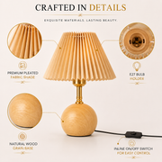 Modern Scandinavian Wooden Table Lamp with Pleated Fabric Shade | E27 Bulb Holder | Natural Wood Grain Base | Bedside & Living Room Lamp
