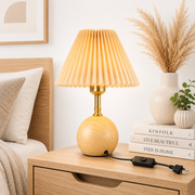 Modern Scandinavian Wooden Table Lamp with Pleated Fabric Shade | E27 Bulb Holder | Natural Wood Grain Base | Bedside & Living Room Lamp