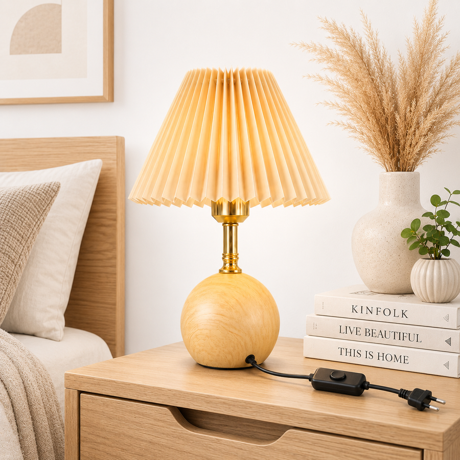 Modern Scandinavian Wooden Table Lamp with Pleated Fabric Shade | E27 Bulb Holder | Natural Wood Grain Base | Bedside & Living Room Lamp