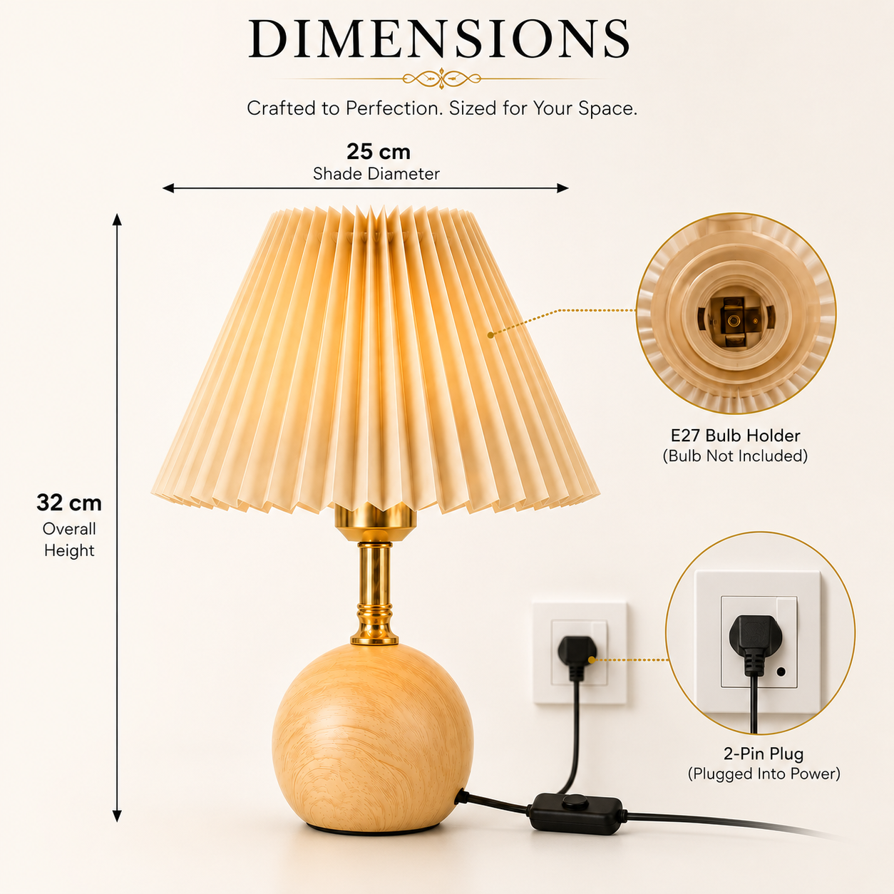 Modern Scandinavian Wooden Table Lamp with Pleated Fabric Shade | E27 Bulb Holder | Natural Wood Grain Base | Bedside & Living Room Lamp
