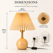Modern Scandinavian Wooden Table Lamp with Pleated Fabric Shade | E27 Bulb Holder | Natural Wood Grain Base | Bedside & Living Room Lamp