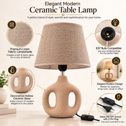 Modern Ceramic Table Lamp with Linen Fabric Shade | Decorative Hollow Base | E27 Holder | Bedside & Living Room Lamp